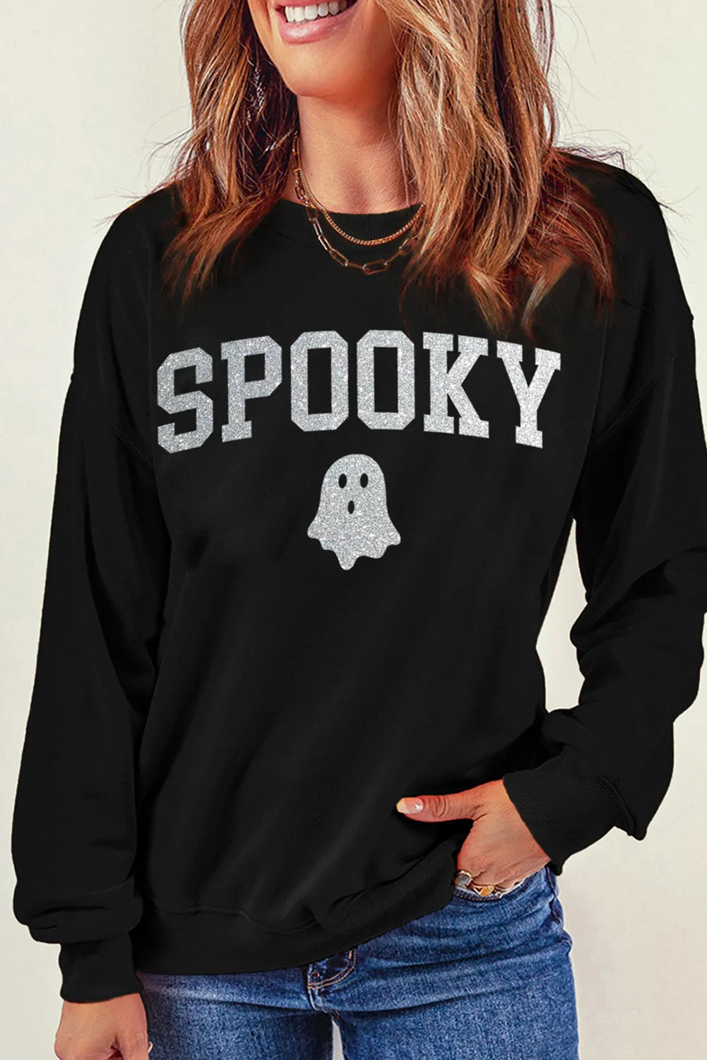 women’s spooky glitter sweatshirt cotton-poly blend