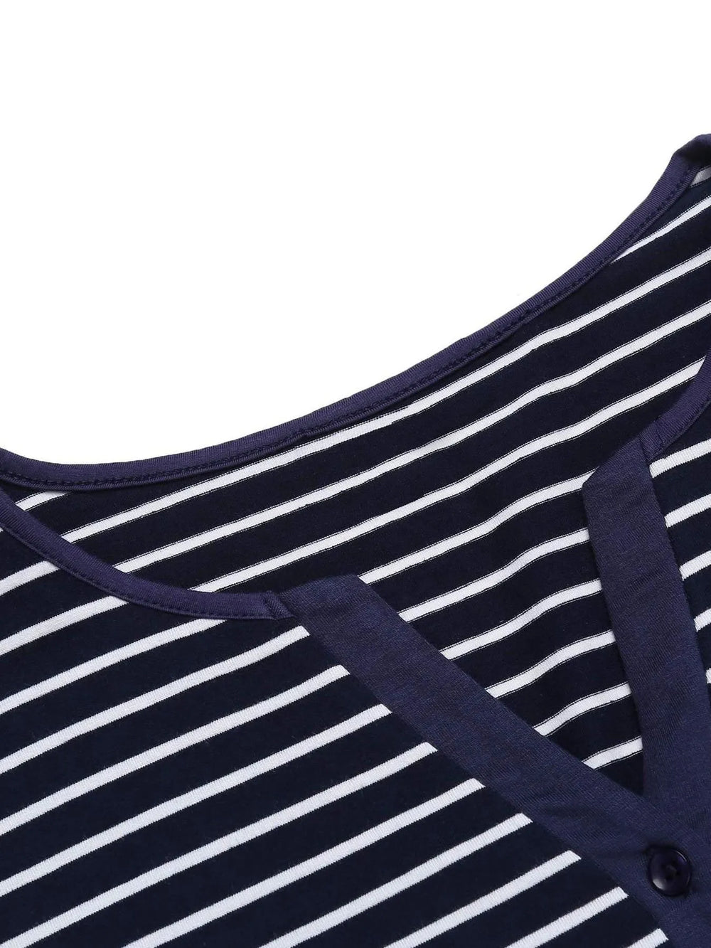 Close-up of Striped Lounge Dress with buttoned neckline and navy stripes, perfect for casual comfort and style.