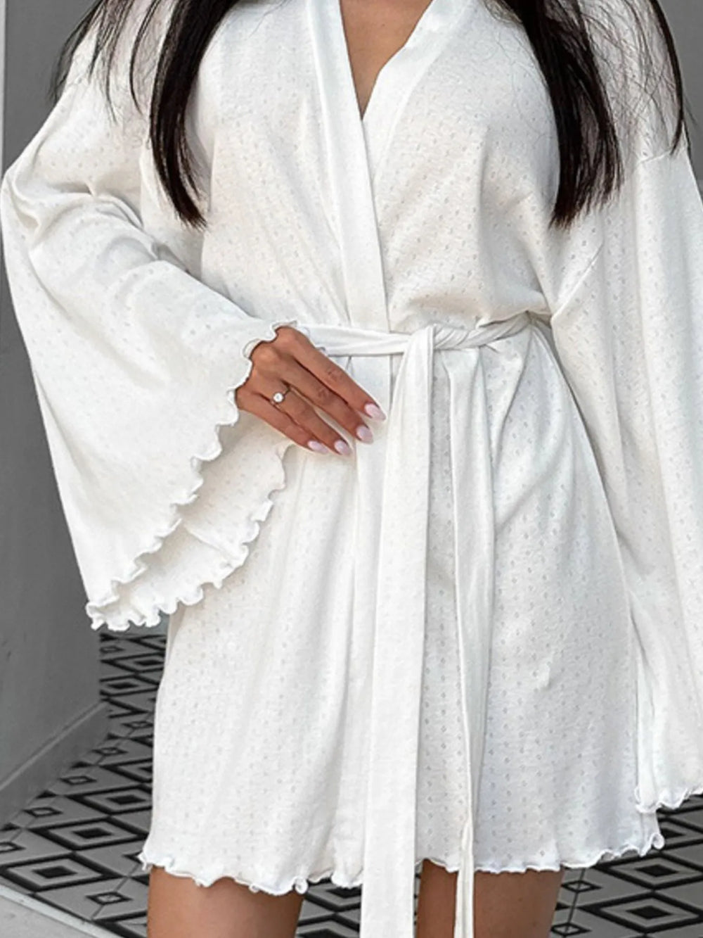 Woman wearing Tie Waist Lounge Nightgown with kimono sleeves, showcasing elegant design and comfortable fit, perfect for home relaxation.