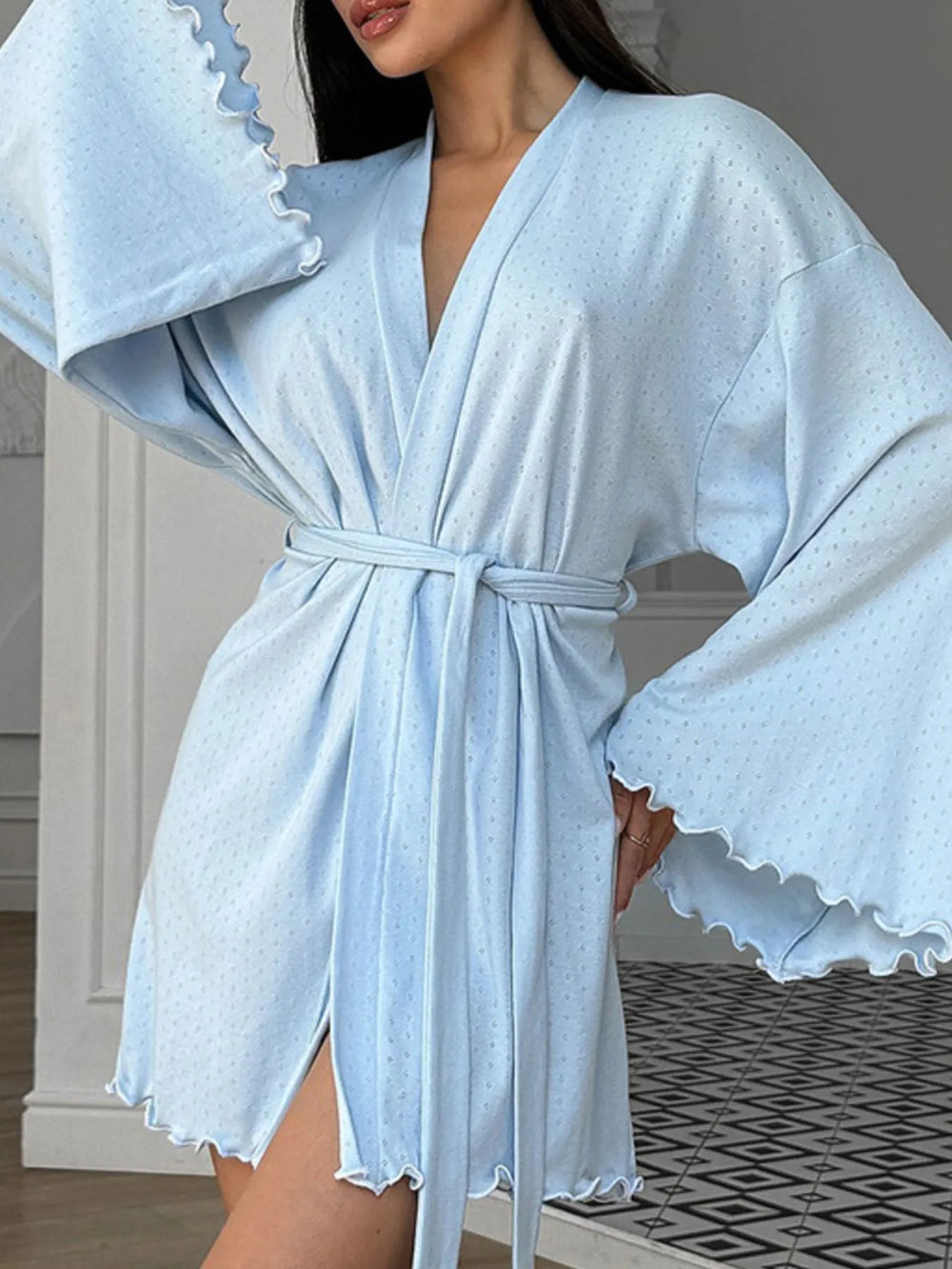 Tie Waist Lounge Nightgown with kimono sleeves in light blue fabric, highlighting elegant and comfortable design for home relaxation.