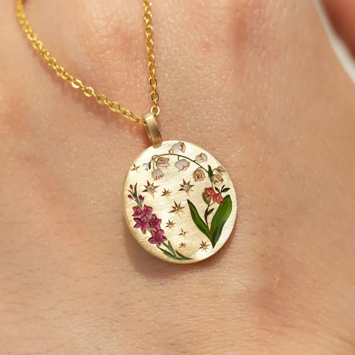 Titanium Steel Painted Oil Dripping Floral Oval Tarot Necklace