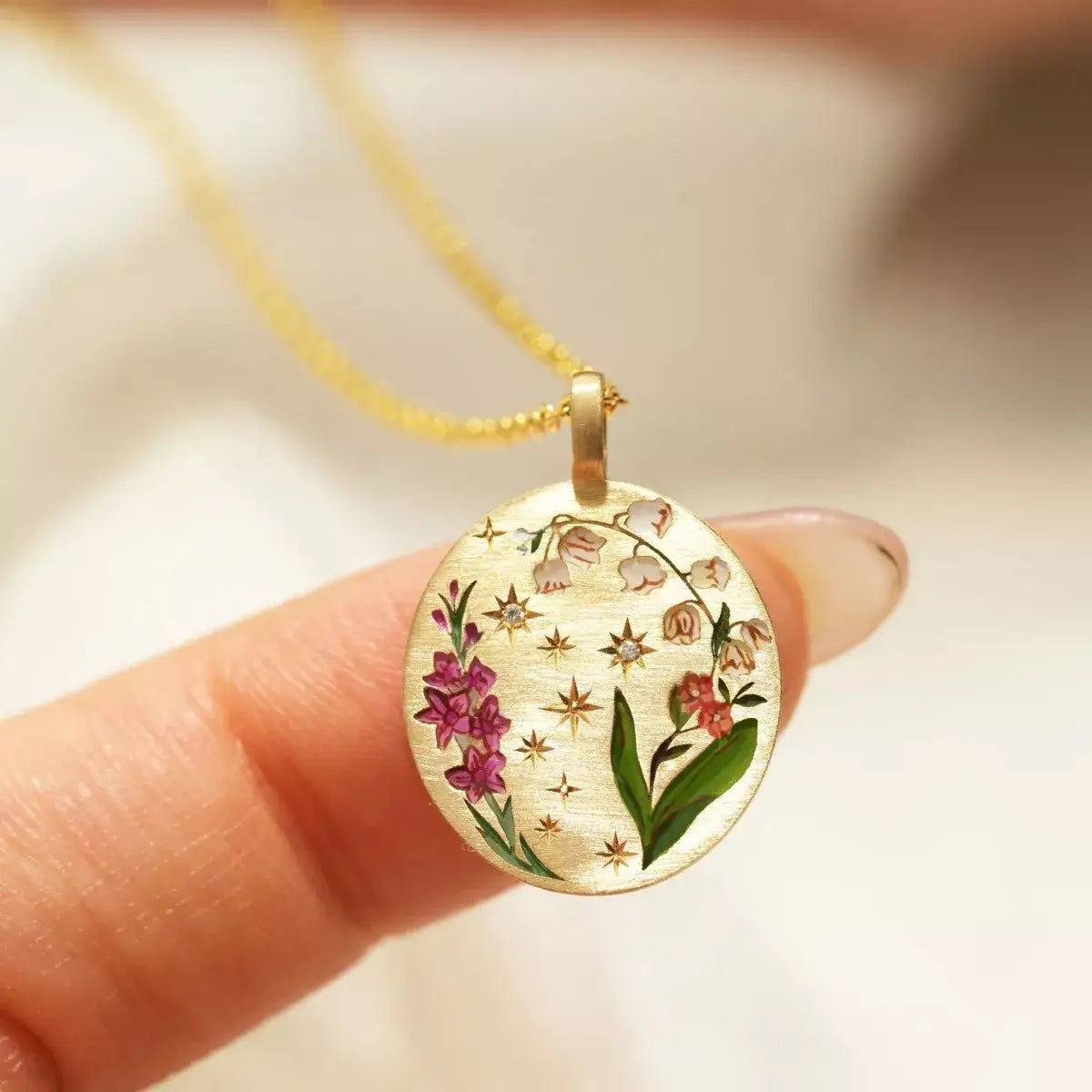 Titanium Steel Painted Oil Dripping Floral Oval Tarot Necklace