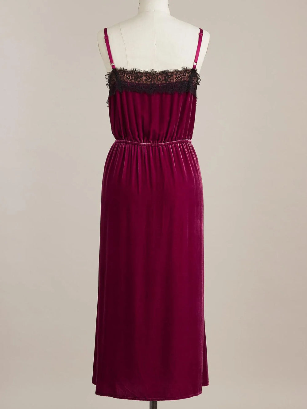 Velvet Cami Lounge Dress with lace trim and cami straps in rich velvet fabric, perfect for chic relaxation and comfort.