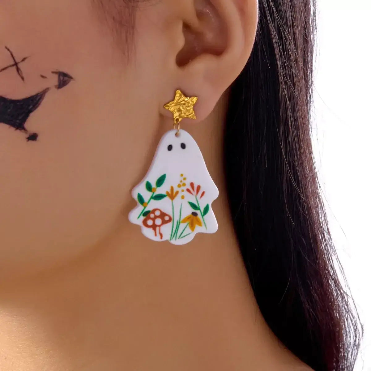 Whimsical Ghost Earrings with Floral Design