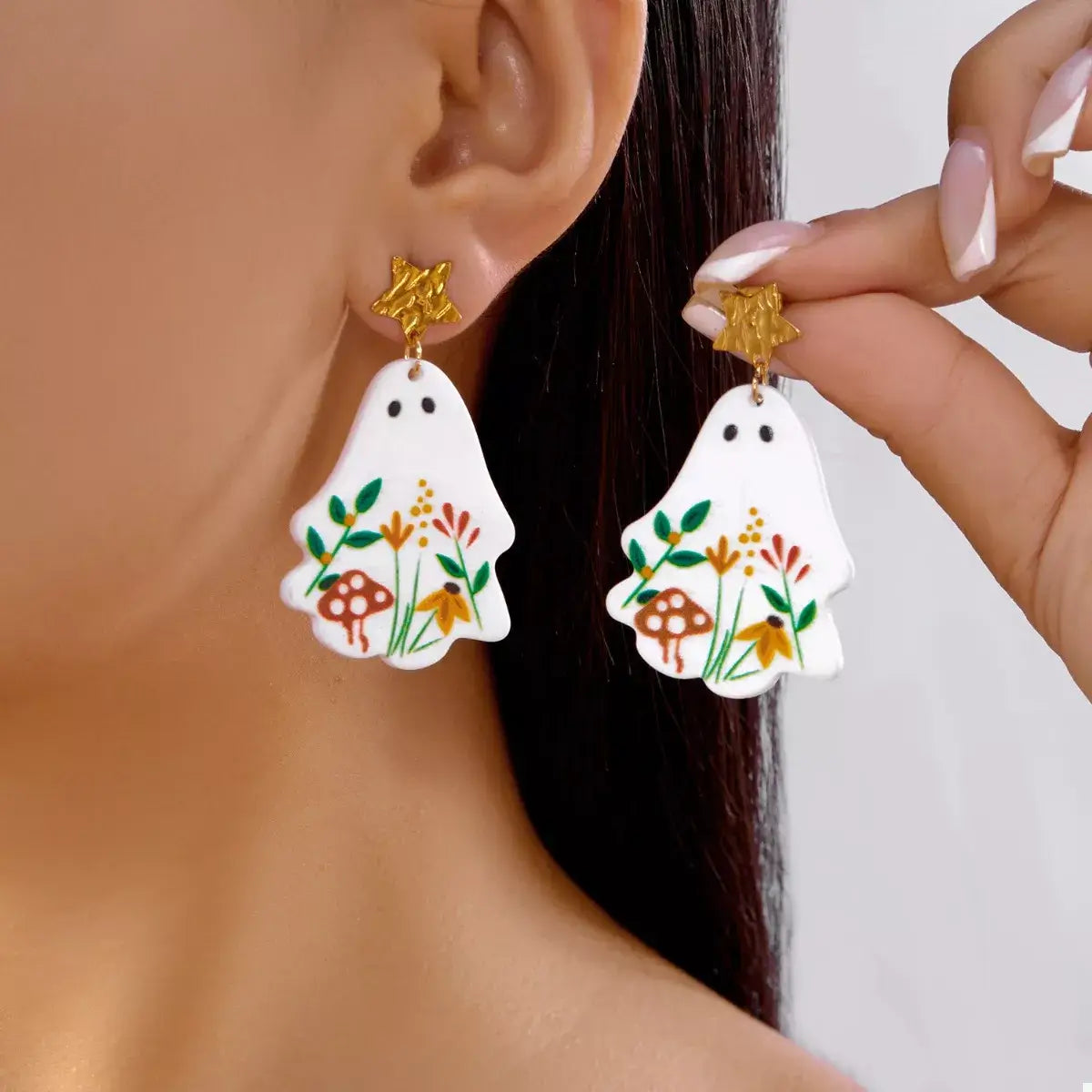 Whimsical Ghost Earrings with Floral Design