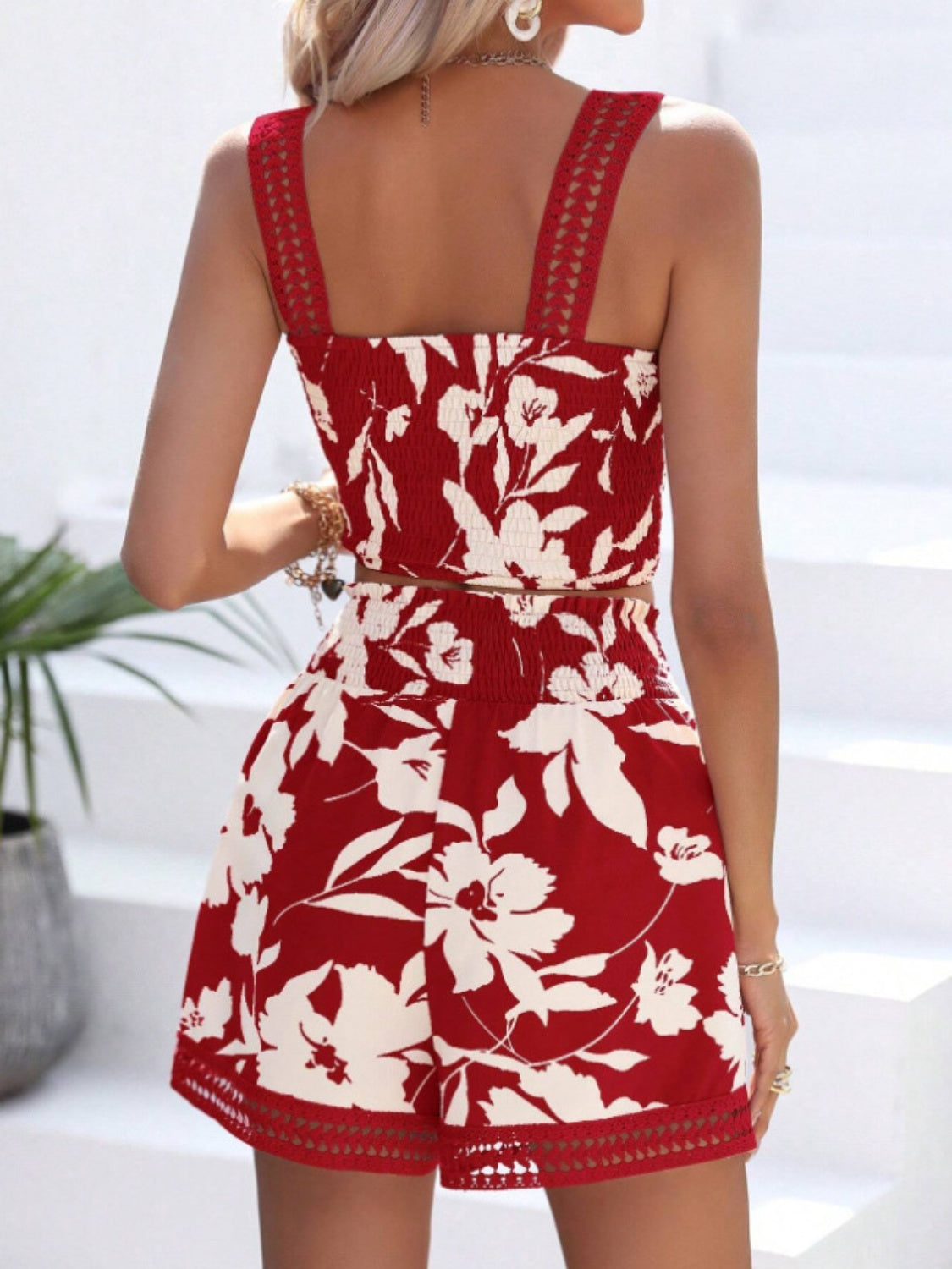 Smocked Printed Square Neck Top and Shorts Set