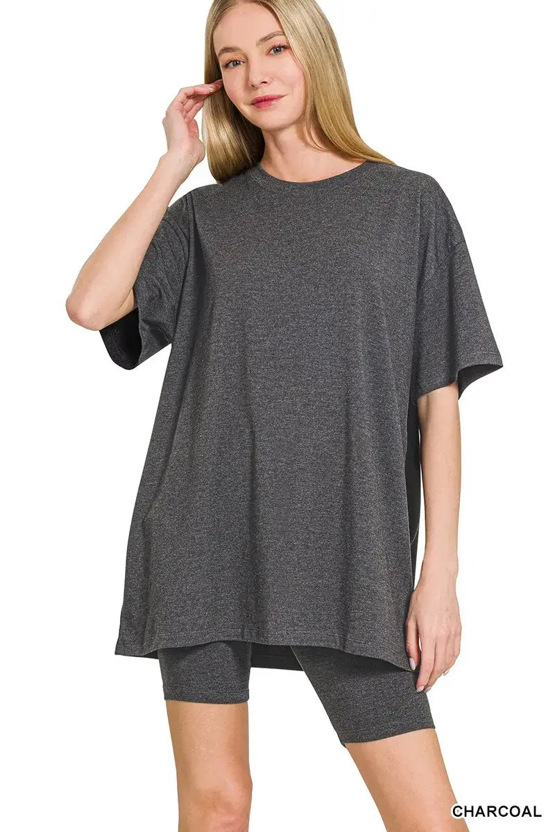 Zenana Cotton Round Neck Top & Biker Shorts