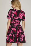 She + Sky Full Size Printed Notched Short Sleeve Frill Tiered Dress Plus Size