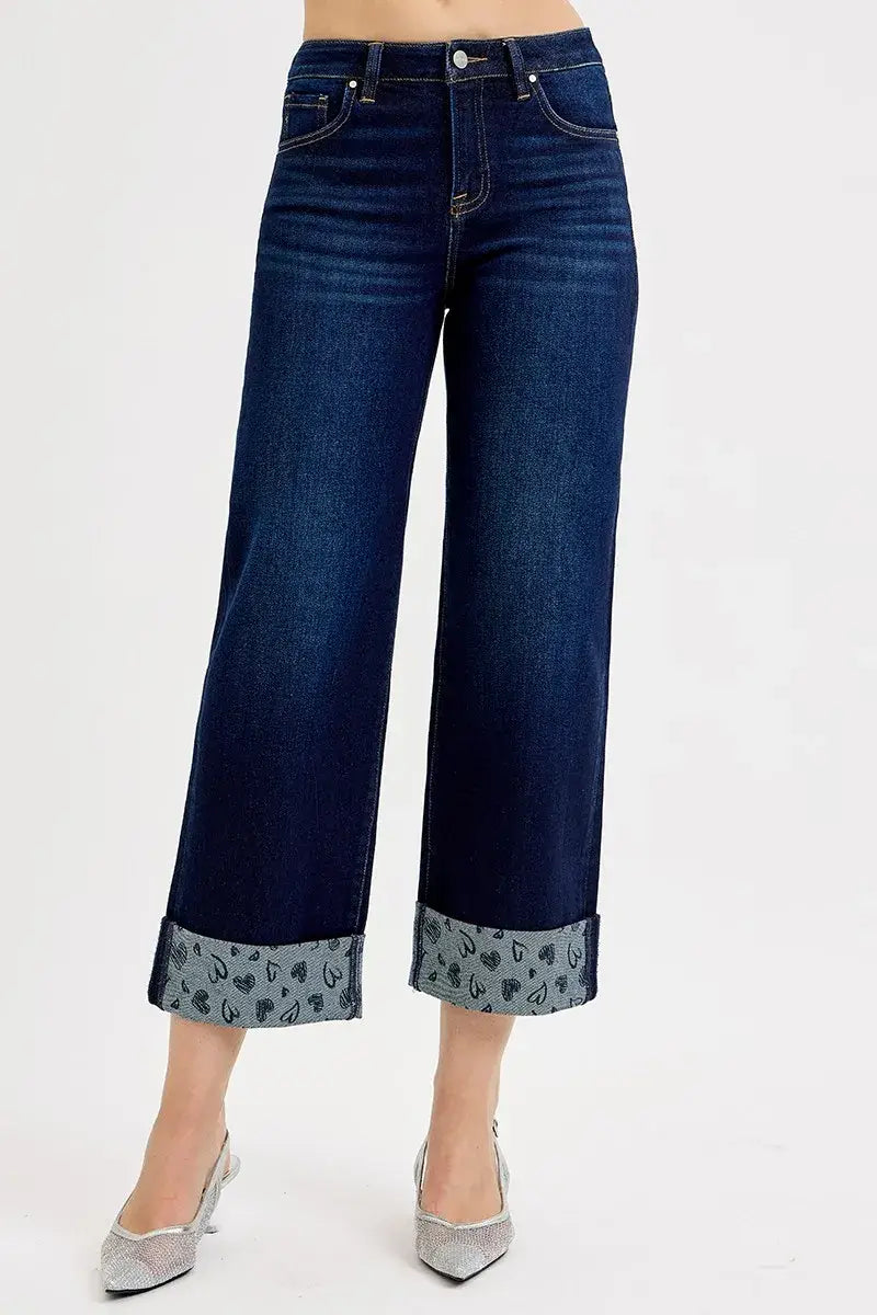 RISEN Full Size Mid Rise Fit Crop Wide With Printed Cuff Jeans Plus Size