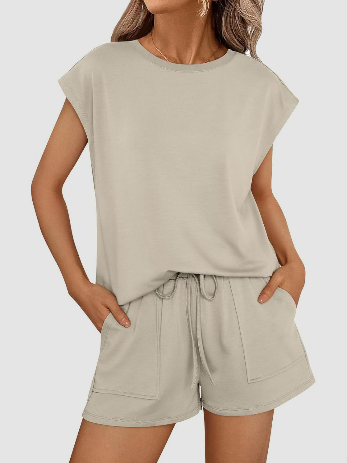 Round Neck Cap Sleeve Top and Shorts Set