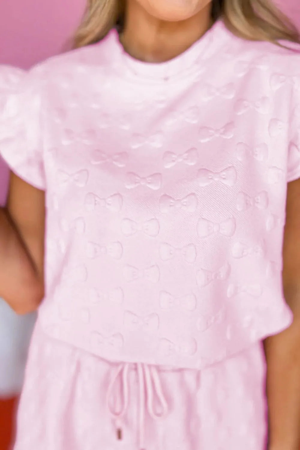 Bow Jacquard Ruffle Cap Sleeve Top and Shorts Set