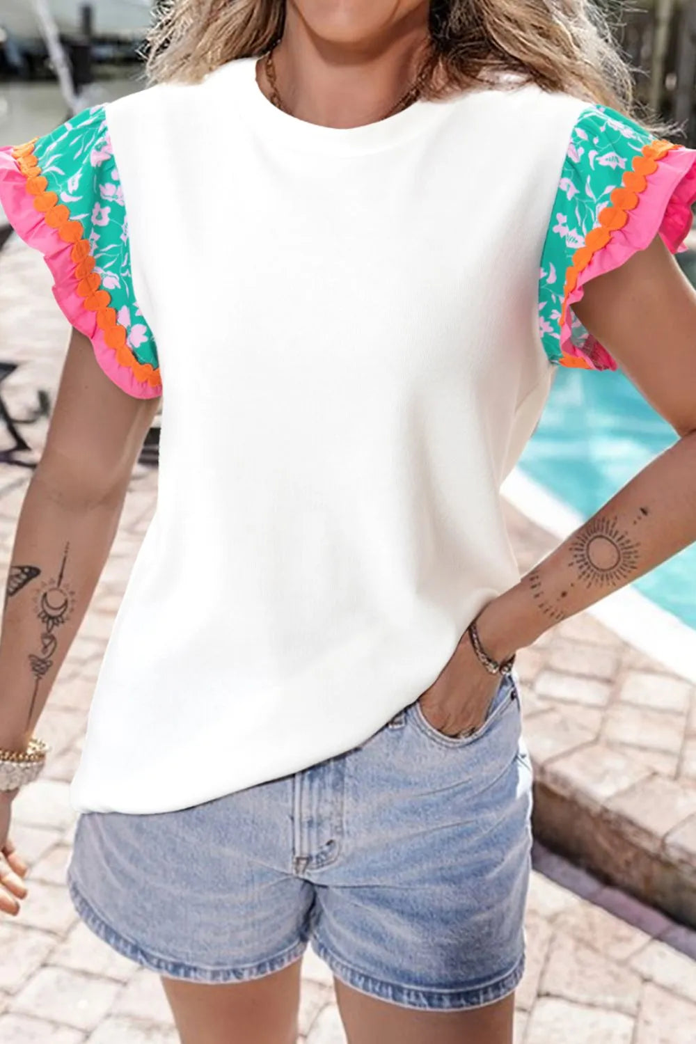 Ruffled Round Neck Cap Sleeve Top