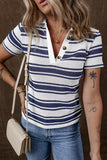 Stripe Johnny Collar Short Sleeve Knit Top