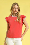 Umgee Contrast Trim Ruffle Cap Sleeve Blouse