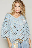 POL V-Neck Short Sleeve Top with Laser Cut Detail