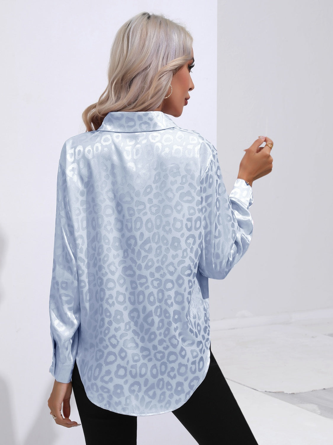 Leopard Collared Neck Long Sleeve Shirt