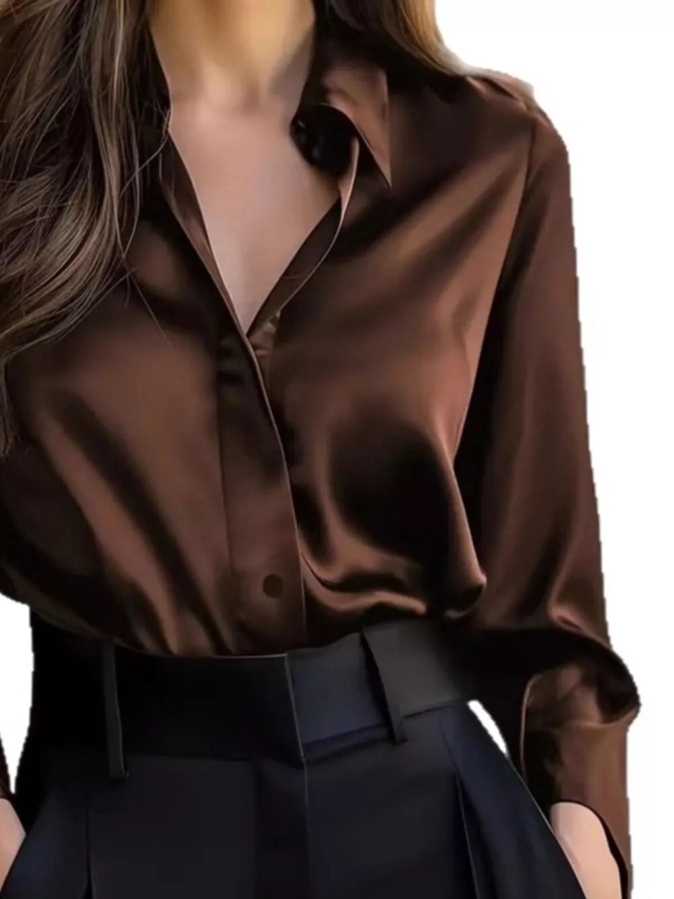 Button Down Long Sleeve Shirt with collared neckline in brown satin, ideal for elegant and comfortable wardrobe styling.