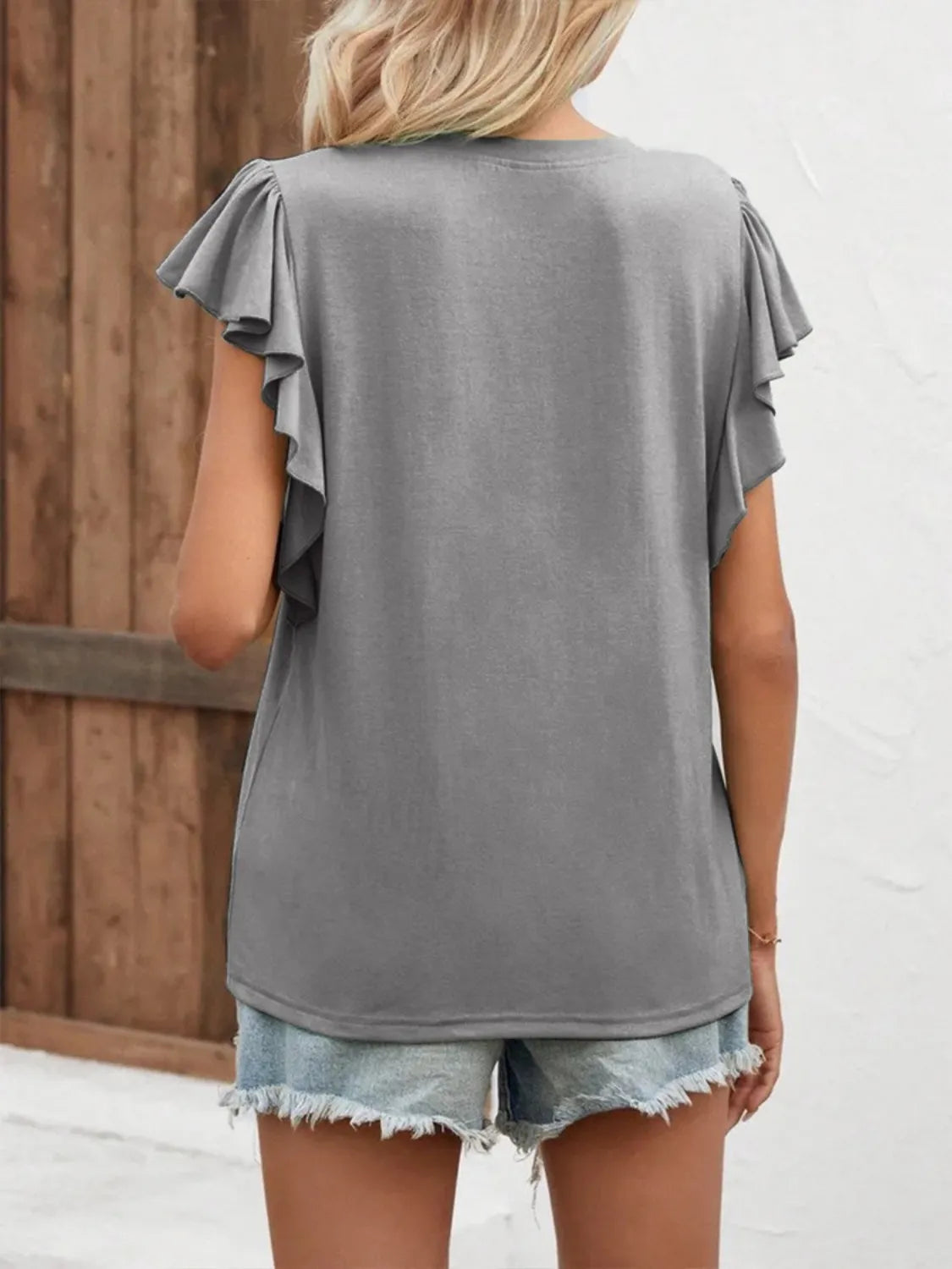 Full Size Ruffled Notched Cap Sleeve Blouse Plus Size