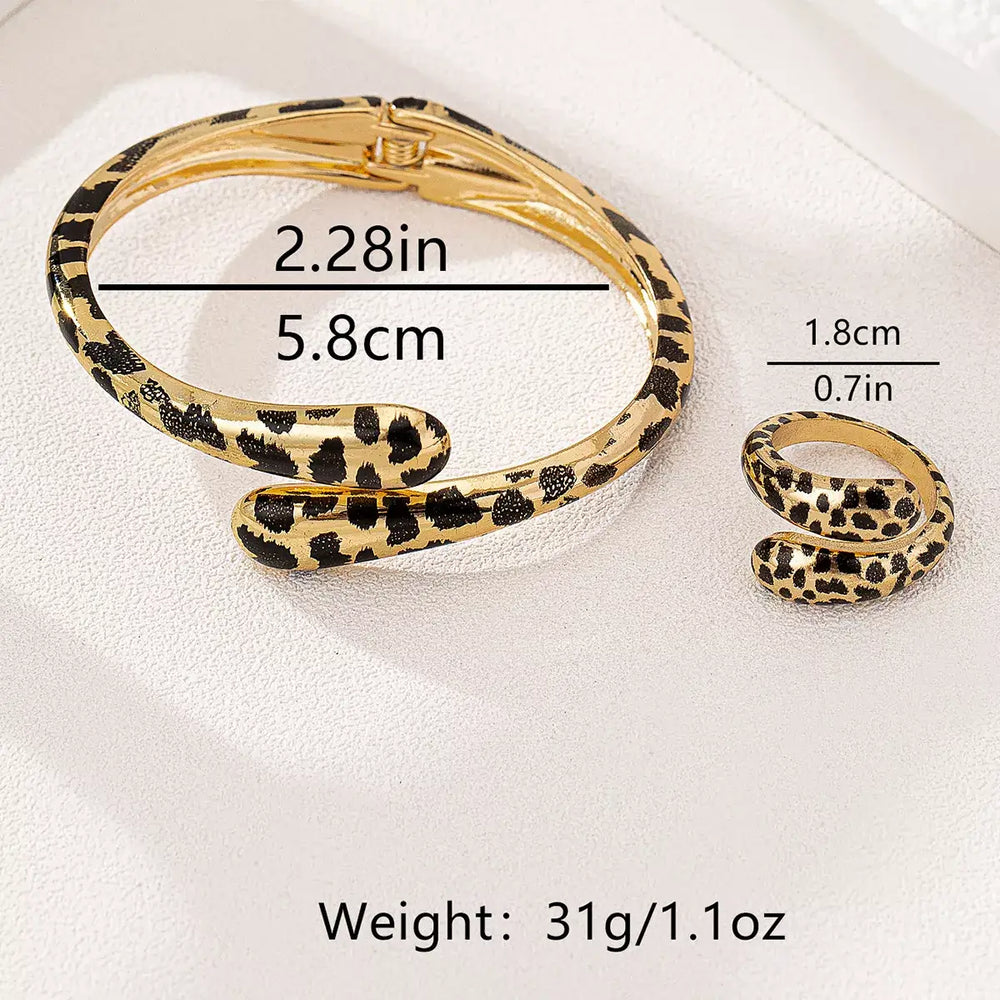 18K Gold-Plated Leopard Bypass Ring and Bracelet Jewelry Set