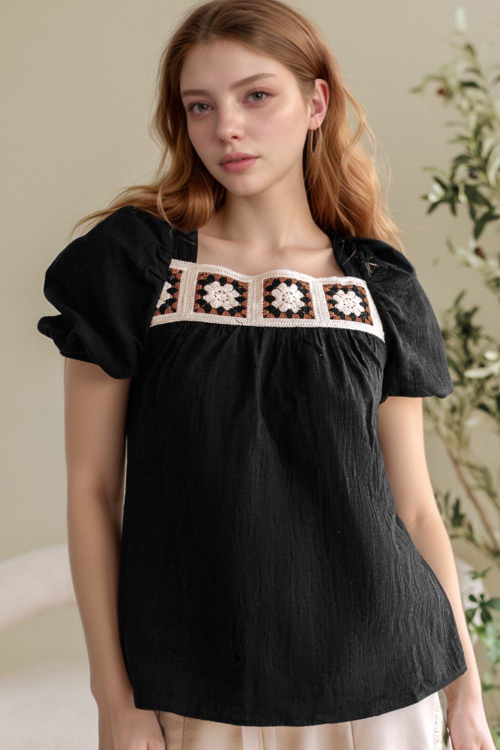 Flower Crochet Square Neck Puff Sleeve Blouse
