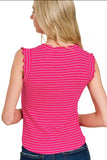 Zenana Ribbed Ruffle Trim Sleeveless Stripe Top