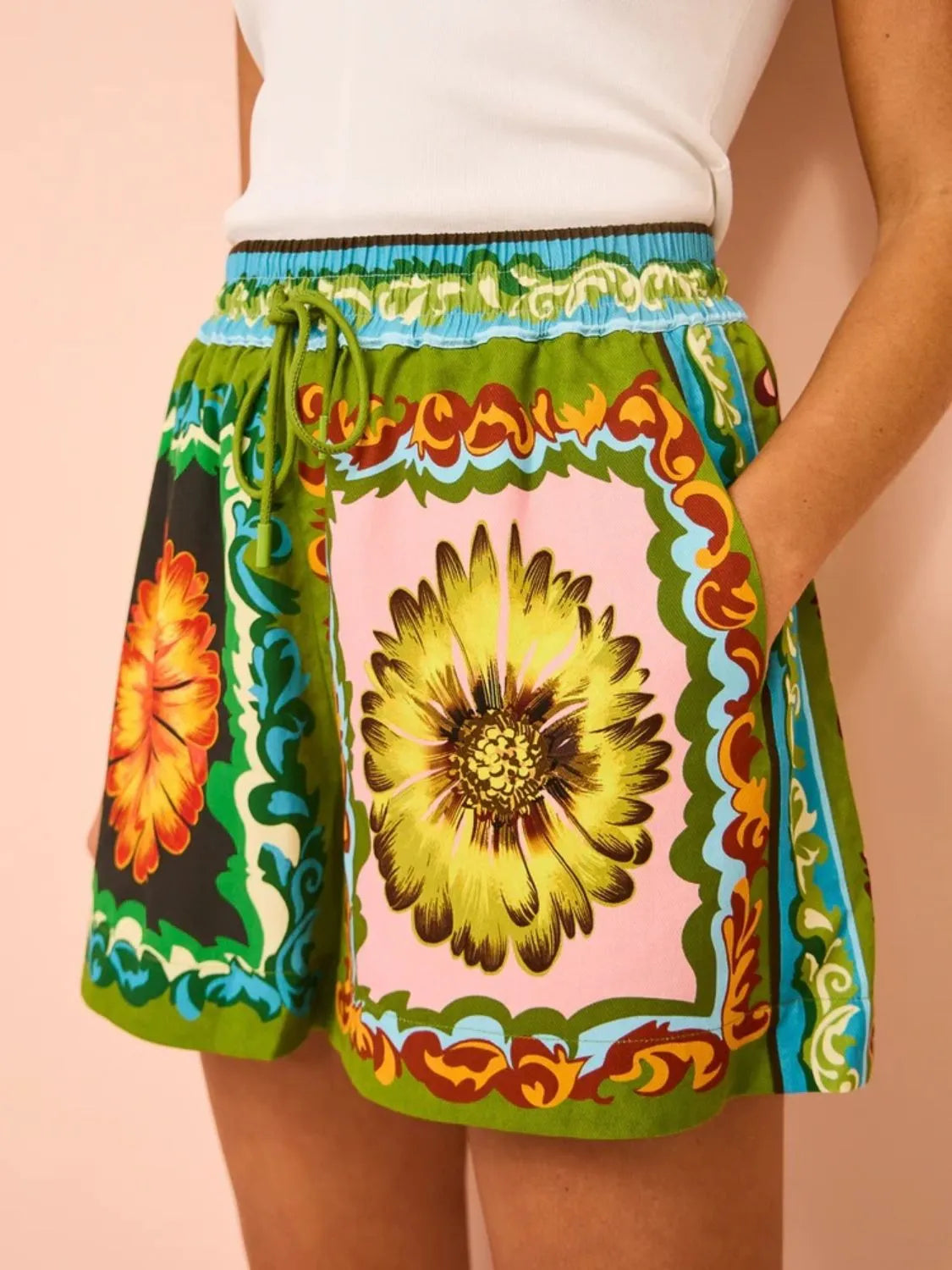 Printed Button Down Top and Drawstring Shorts Set