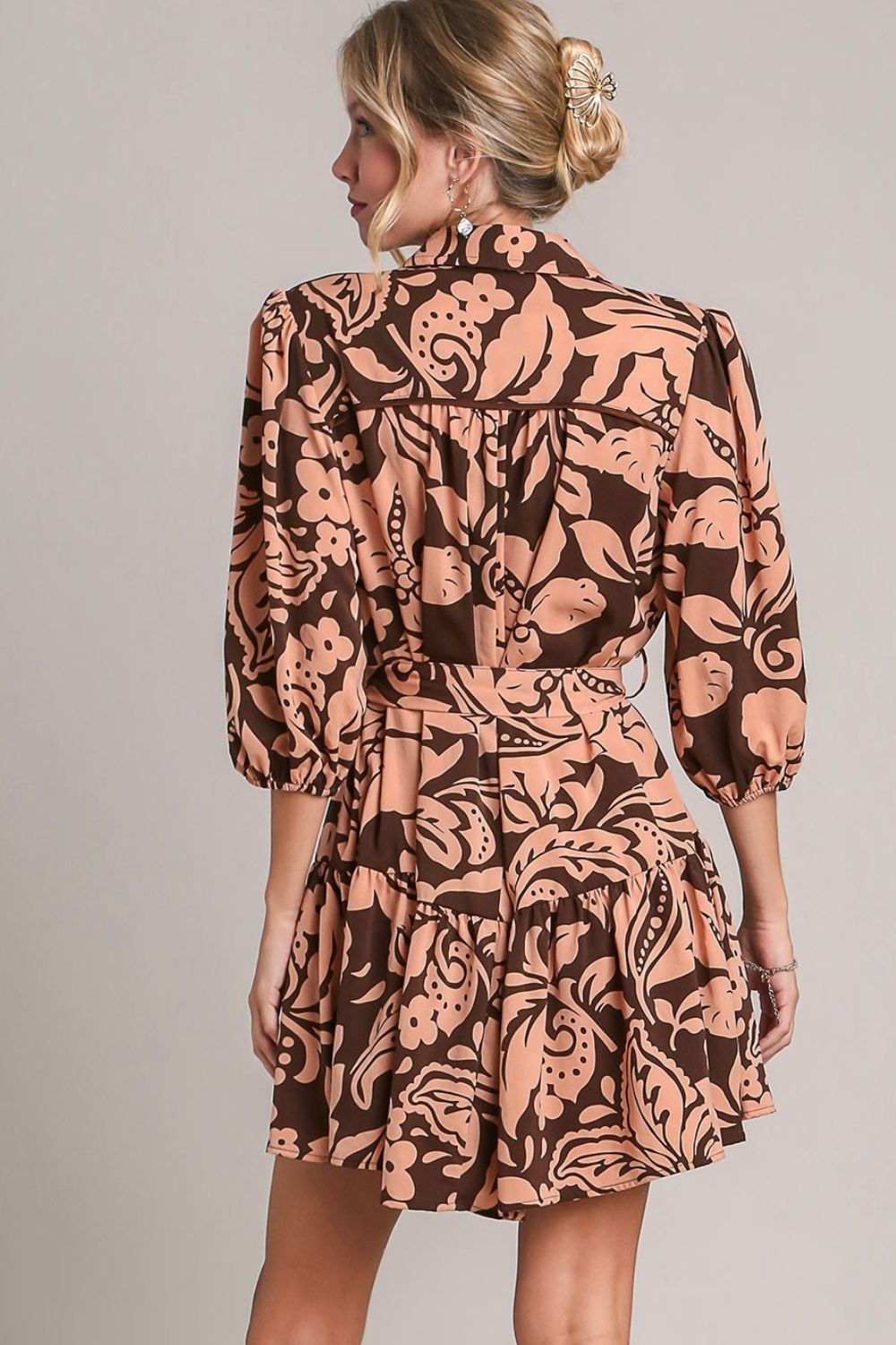 Umgee Full Size Two Tone Floral Print Puff Sleeve Tie Waist Dress Plus Size