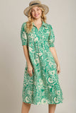 Umgee Full Size Printed Smocked Cuff Puff Sleeve Midi Dress Plus Size
