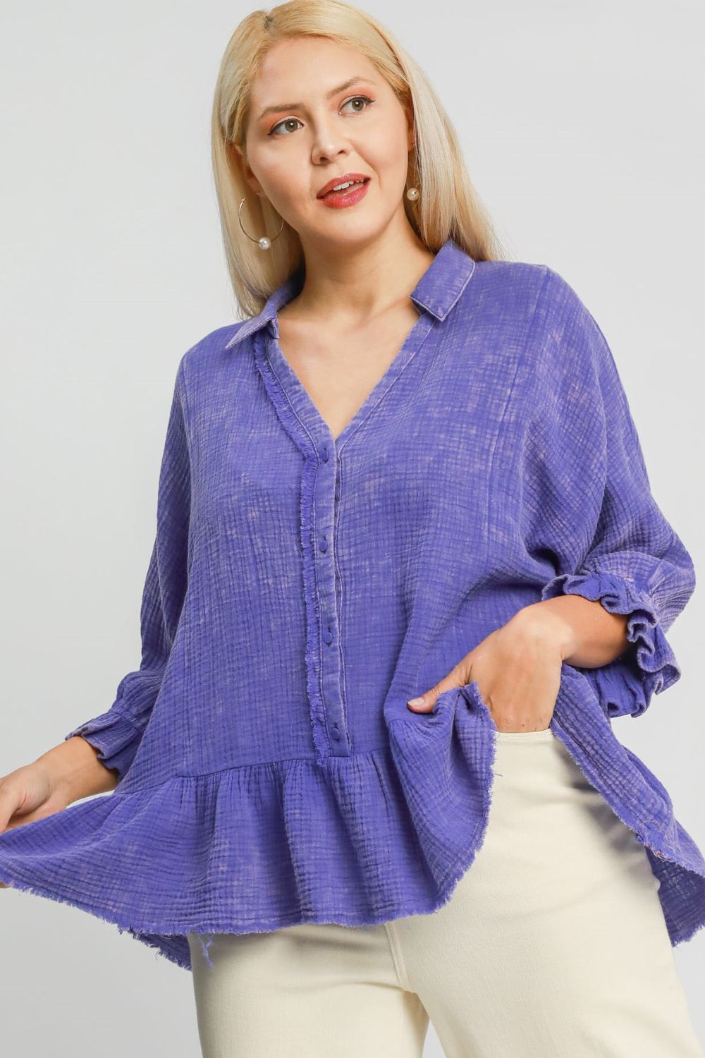 Umgee Plus Size Size Mineral Washed Cotton Gauze Top