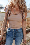 Ribbed Knit Ruffled Cap Sleeve Slim Fit Top