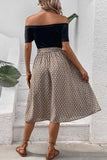 Perfee Printed Tie Belt Off-Shoulder Dress
