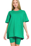Zenana Cotton Round Neck Top & Biker Shorts