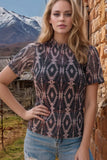 Aztec Print Mock Neck Short Sleeve Mesh T Shirt