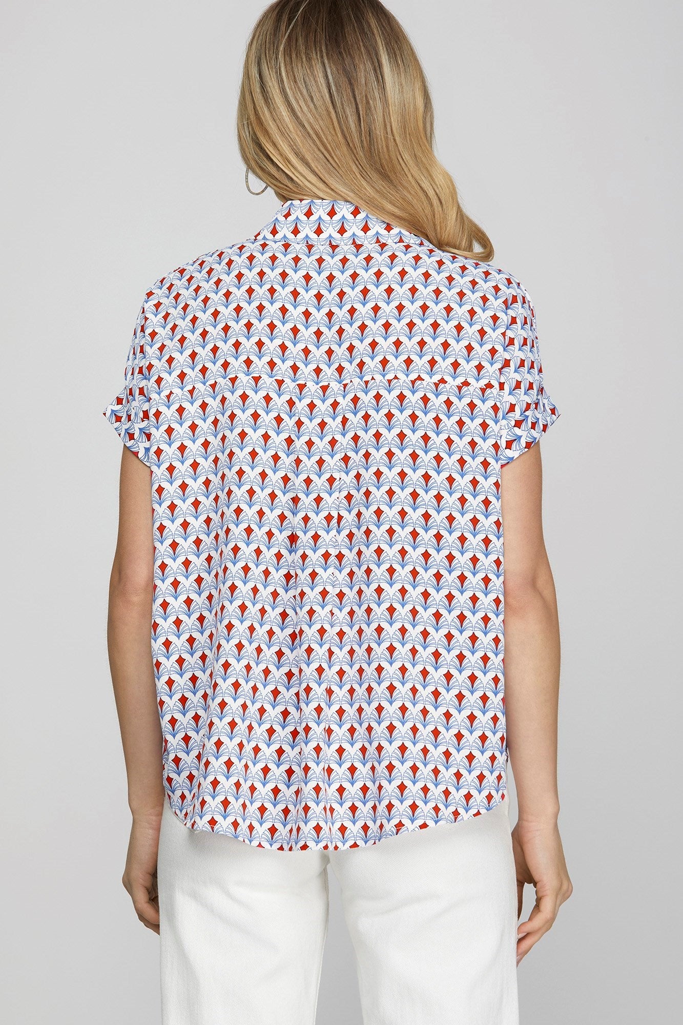 She + Sky Full Size Printed Johnny Collar Short Sleeve Blouse Plus Size
