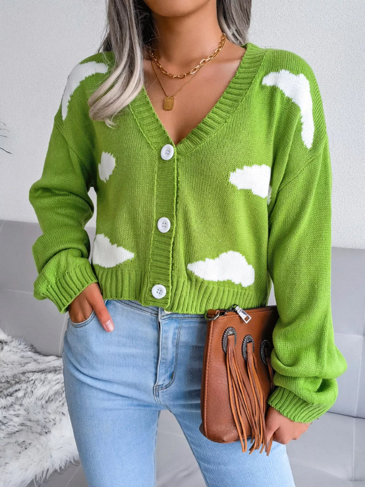 Cloud Pattern Button-Up Cropped Cardigan