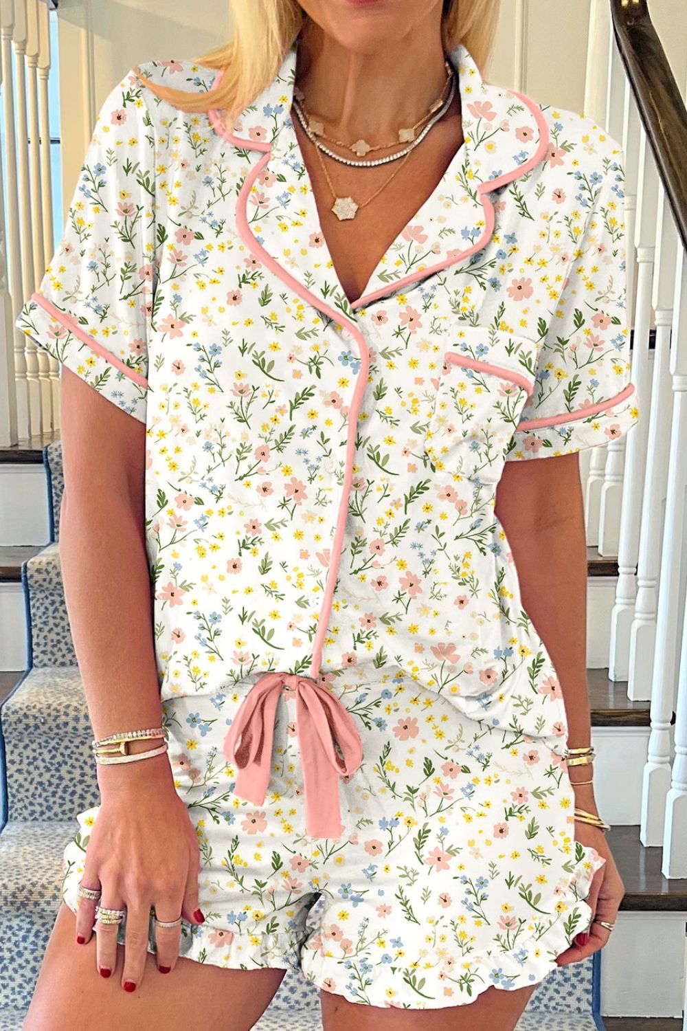 Printed Button Up Short Sleeve Top and Shorts Lounge Set