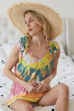 BiBi Circular Tie Dye Knit V Neck Top With Ruffle