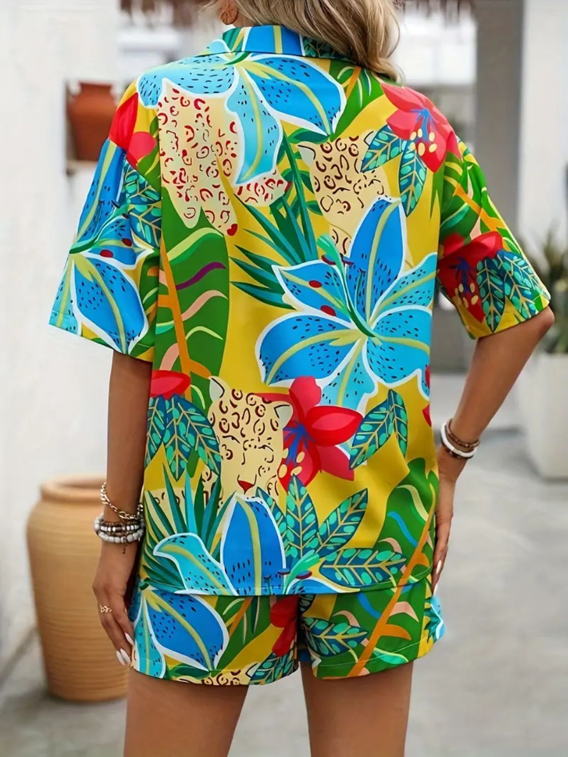 Printed Button Down Shirt and Shorts Set