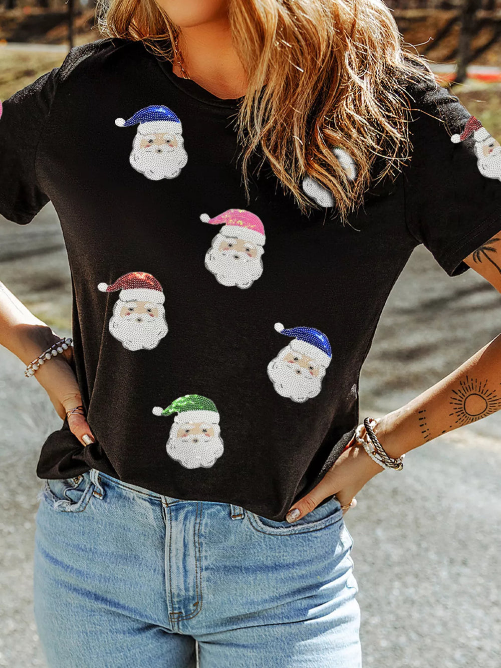 Christmas Santa Sequin Short Sleeve T Shirt
