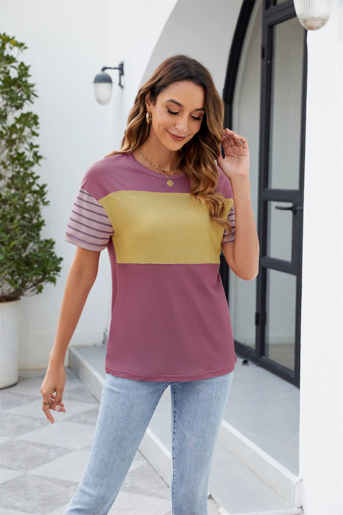 Color Block Round Neck Short Sleeve T-Shirt