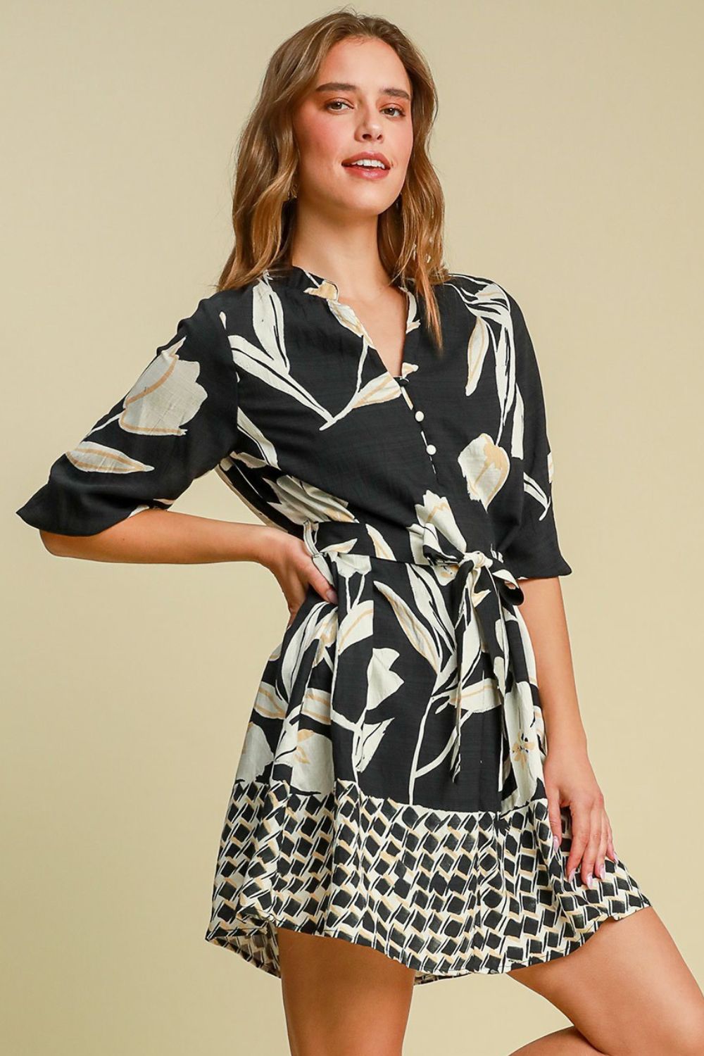 Umgee Full Size Floral Print Notched Tie Waist Mini Dress Plus Size