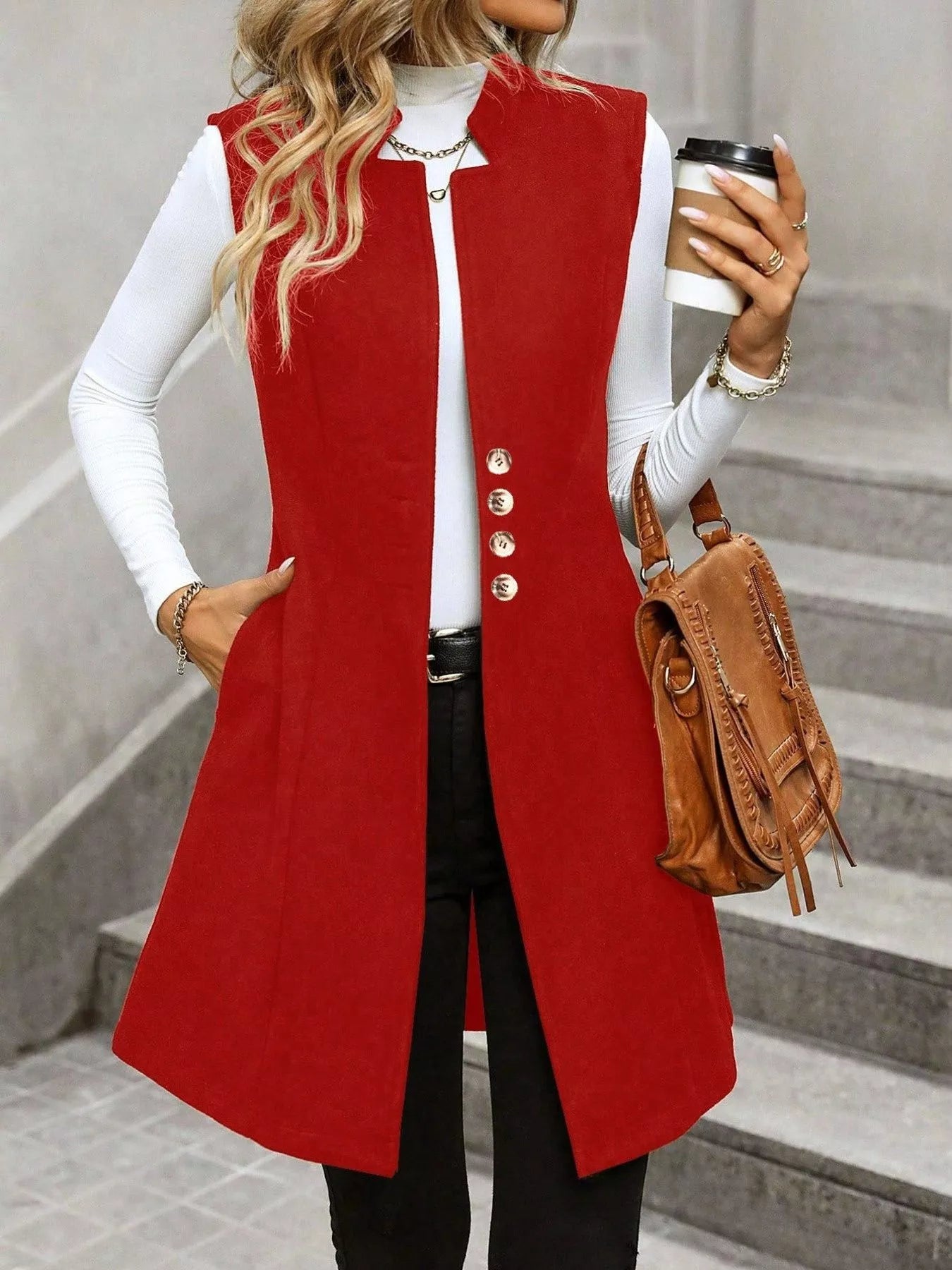 Button Up Sleeveless Longline Vest Coat