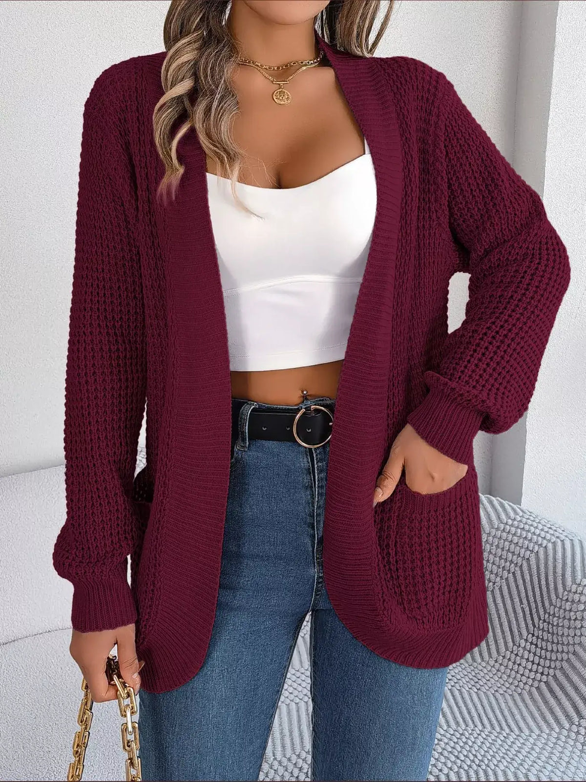 Chunky Knit Open Front Cardigan with Pockets