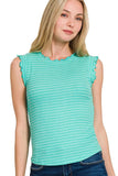 Zenana Ribbed Ruffle Trim Sleeveless Stripe Top