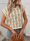 Flower Round Neck Short Sleeve Knit Top