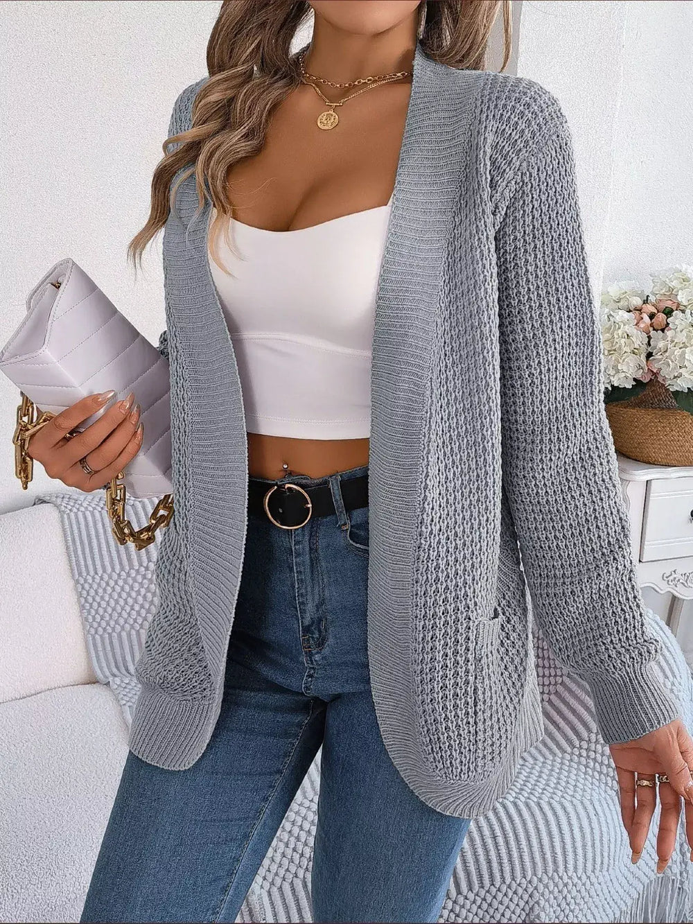 Chunky Knit Open Front Cardigan with Pockets