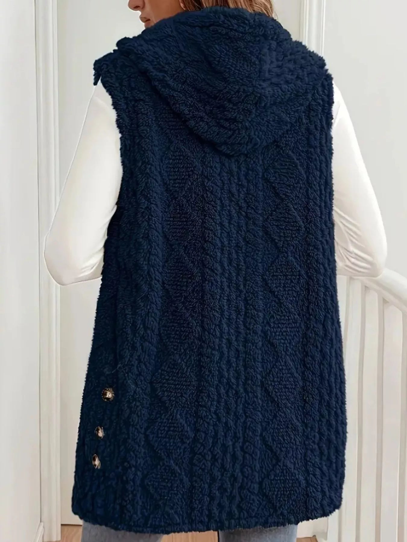 Button Up Plush Hooded Vest Coat