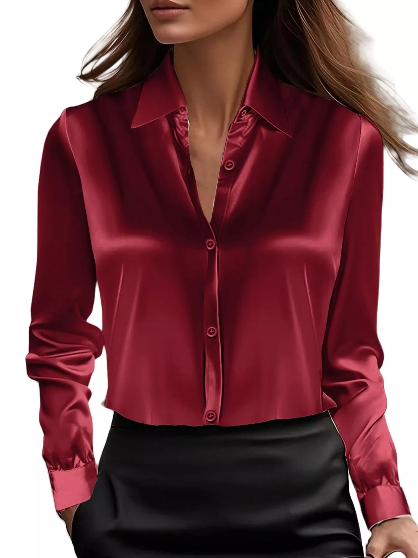 Button Down Long Sleeve Shirt with collared neck in rich red fabric, ideal for work or casual occasions, plus size available.