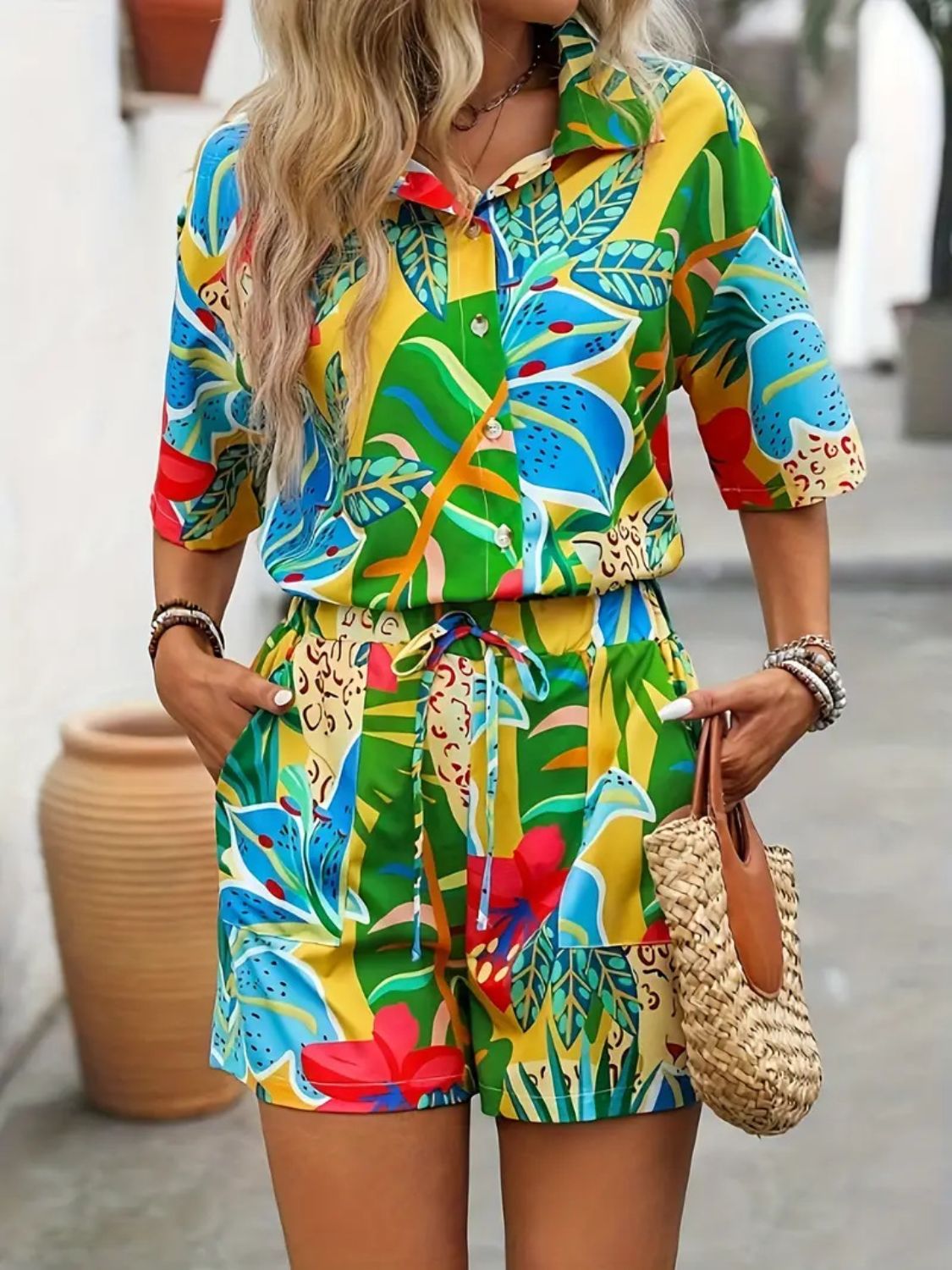 Printed Button Down Shirt and Shorts Set