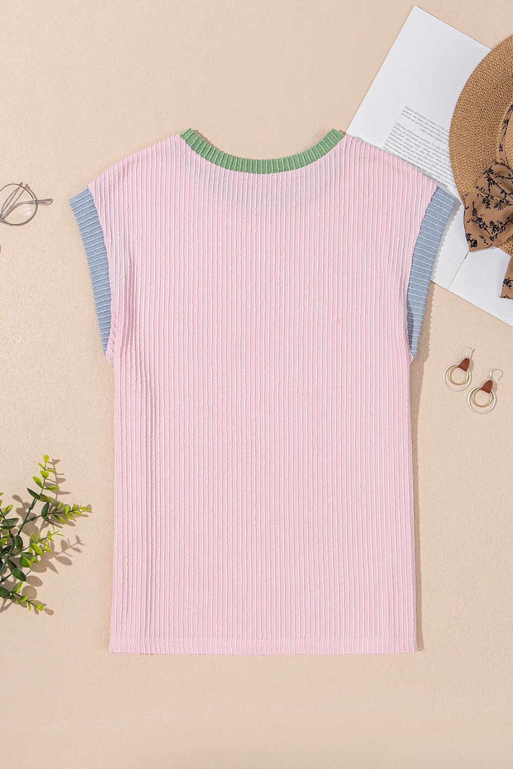 Contrast Trim Round Neck Cap Sleeve Top